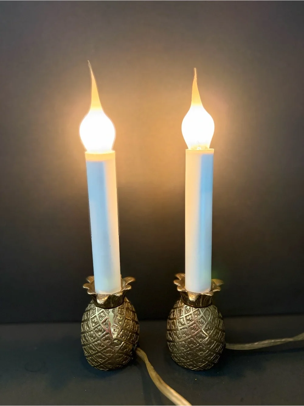 2 Vintage Brass Pineapple Night Light Candle Stick Lamp boudoir Decor 8